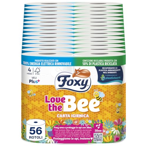 Love the Bee Toilettenpapier, 56 Rollen à 225 Abreißen, 2-lagig, hohe Dicke, FSC | 100% erneuerbare Energie, recycelbare Verpackung aus recyceltem Kunststoff