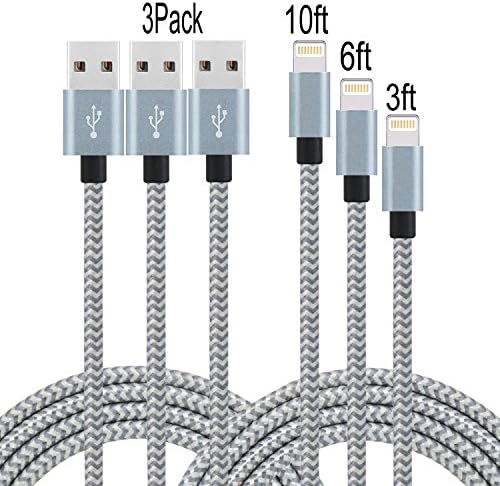 Frieso LLL78 3'/6'/10' Lightning Cable Nylon USB Cord Charging Cable For Iphone7,7plus,SE,6s,6s Plus,6plus,6,5s 5c 5,Ipad Mini,Air,Ipad5,Ipod,  Extra Long, Gray
