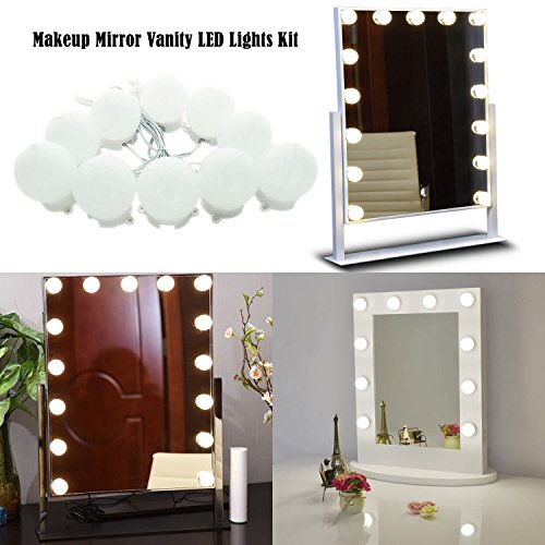 Hollywood Super Star Style Makeup Mirror Vanity LED Light Bulbs Kit for Dressing Table with Dimmer and Power Supply Plug in, Linkable and Flexible Strip, Mirror Not Included (10 Bulbs Cool white)