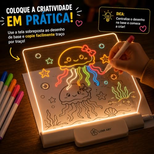 Quadro de Desenho Luminária LED para Escrita com 7 Canetas – Lousa de Mesa para Anotações em Acrílico com Efeito 3D