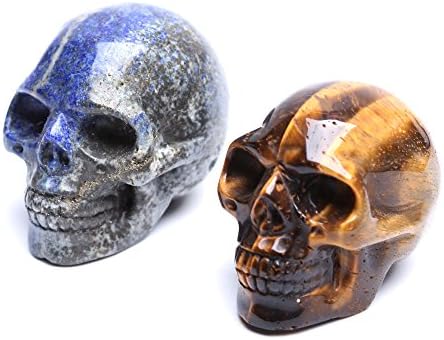 yujianni Healing Crystal Stone Human Reiki Skull Figurine Statue Sculptures Mixed Stone(Pack of 2) 2'' (Tiger Eye&Lapis Lazuli)