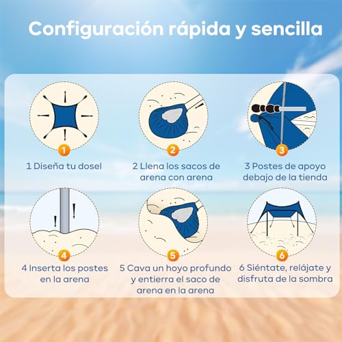 Sombrilla para Playa 3*3*2M,UPF50+ Carpas para Exteriores 4-6 Persona,Toldo Tienda de Playa Grande Plegable con 4 Sacos de Arena,2 Polos,4 Clavos Rectificados para Playa,Césped,Camping,Picnic,Patio