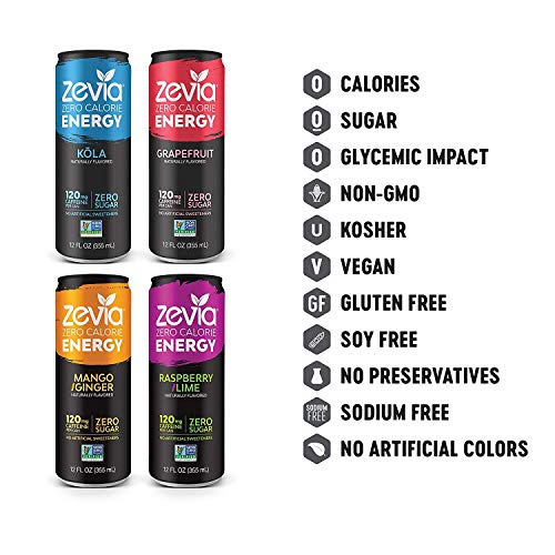 Zevia Zero Calorie Energy Drink, 4Flavor Classic Variety Pack, 12 Fl Oz (Pack of 12) Natural