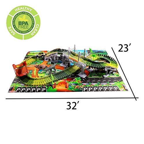 Dinosaur Toys Race Track with Dinosaur Play mat - 142 Pcs Race Car Track Sets Jurassic World Flexible Tracks Playset,2 Dinosaurs and Multiple Elements
