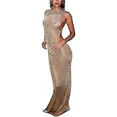 QNI Crochet Dress Sexy Maxi Dresses Sheer Casual Sundress Backless Beach Summer Bodycon Sleeveless Sweater Dress (Khaki,Large)