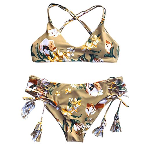 2018 New Women's Floral Print Swimsuit, Balakie Ladies Bandage Bikini Set Khaki Push-up Padded Bra Split Bathing Suit Swimwear (S, Khaki) - Thumbnail 3