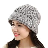 Challyhope Vintage Boho Cloche Hat Warm Crochet Knitted Decorative Flowers Wool Beret for Women Lady (Gray 01)