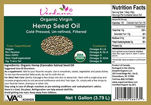 Verdana Organic Cold Pressed Unrefined Canadian Hemp Seed Oil - Bulk 1 Gallon - Liquid Extract -Non-GMO - Kosher Food Grade - Non-Psychoactive - Zero THC - Omega - for Skin, Hair, Carrier & Massage
