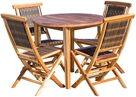 EcoDecors 36in Oasis Round Teak Dining Table and 4 Teak And Viro Rattan Folding Chair Set