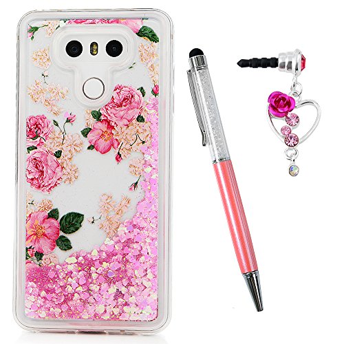 LG G6 Case,Liquid Glitter Case Bling Sparkle Shiny Flowing Moving Pink Love Hearts Cover Clear Ultral Slim Protective TPU Bumper with Stylus Pen Plug Dust for Girl ZSTVIVA - Red Rose Flowers