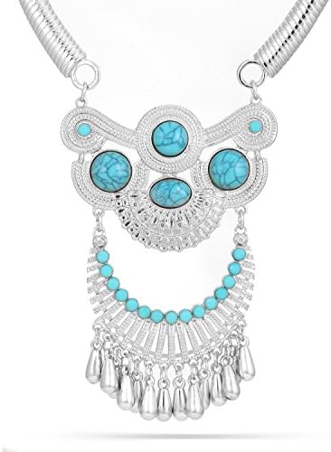Jewelry11 Rhodium-Tone Metal Turquoise Earrings And Adjustable Lobster Claw Closures Neckaces Gift for Her