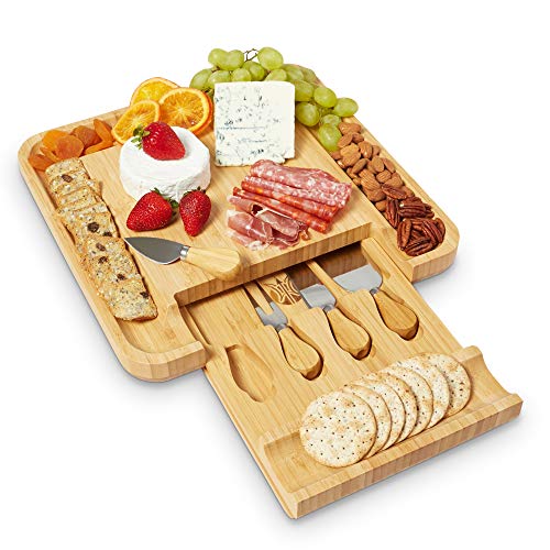 Bamboo Cheese Board- Cutlery Set Included- Pull Out Drawers- 100% Natural Bamboo- Ultimate Cheese And Meat Board- Precise Craftsmanship- Entertaining Gift- Meat Serving Tray