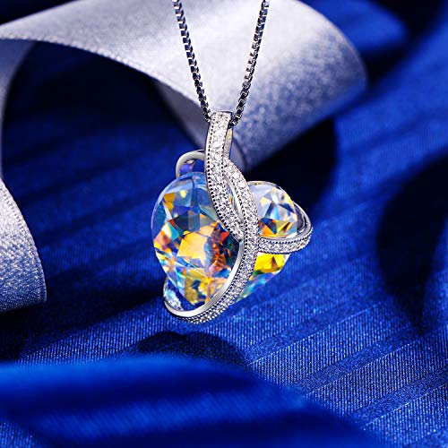 EleQueen Swarovski Crystals Heart Pendant Necklace-925 Sterling Silver-Cubic Zirconia Necklace-Gifts for Women, Box Chain 19'' Iridescent Aurora Borealis AB
