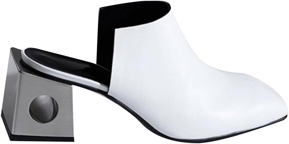 MODERN ALCHEMIST White Square Shape Toe Cow Leather Mule Backless Shoes with Metallic Mid Heel and Ornament 8.5 White