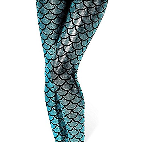 BELIFECOS Womens Mermaid Fish Scale Printing Full Length Leggings,S(US 4-8),Blue