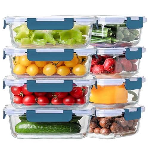 Photo 1 of 8 Pack 36oz Large Glass Meal Prep Containers with lids, Glass Food Storage Containers with Leak Proof Snap Lock Lids , Airtight Bento lunch Boxes, Kitchen Storage, Oven and Dishwasher Safe-Deep Blue