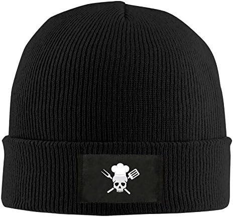 Skull With Chefs Hat Unisex Knit Beanie Hat 100% Acrylic Daily Warm Soft Hats Black