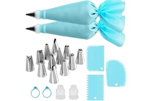 21pcs Piping Bags and Tips Set, Cakes Decorating Supplies Kit with 12 Frosting Tips, 2 Pastry Bag, 2 Couplers, 3 Scrapers and