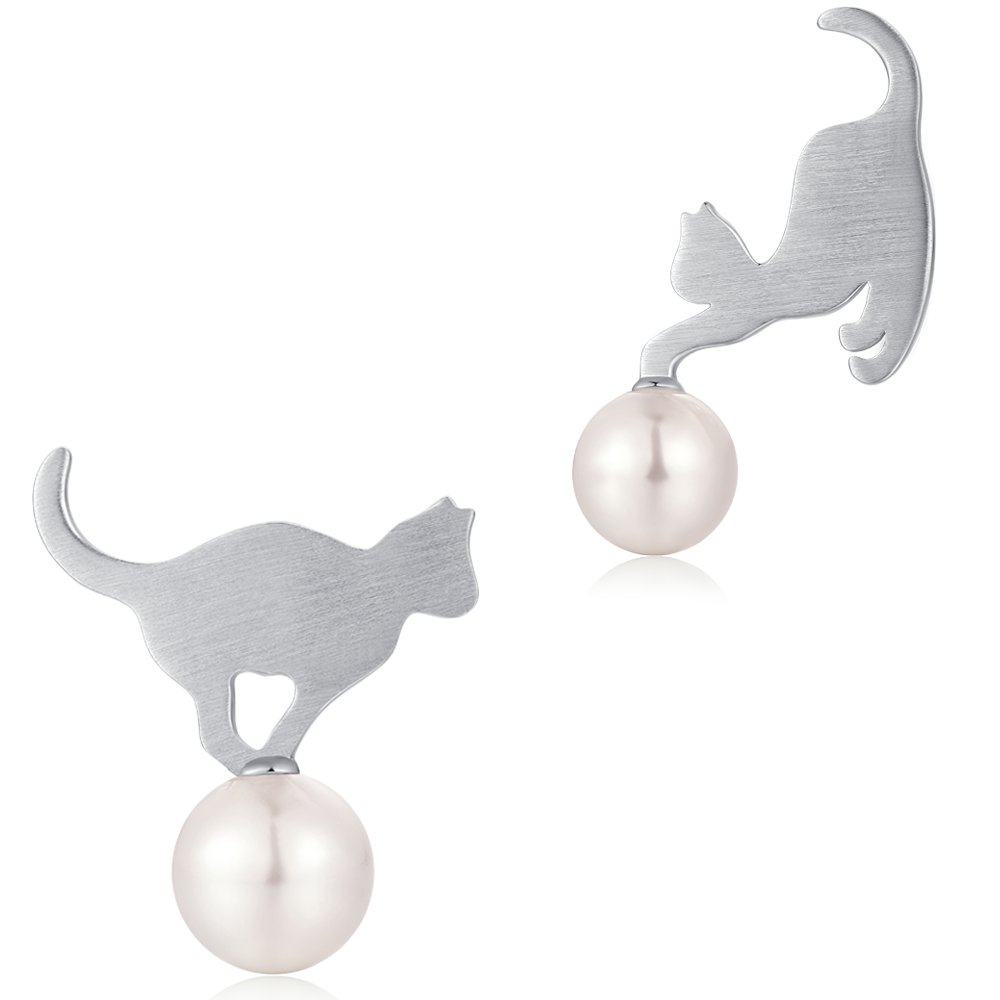 Cat Earrings Womens Cat Earrings Cute Sterling Silver Cat Ear Earrings White Pearl Cat Earrings Sweet Cat Earrings Beautiful Kitty Earrings,Girls Cat Earrings Hypoallergenic Cat Pearl Earrings