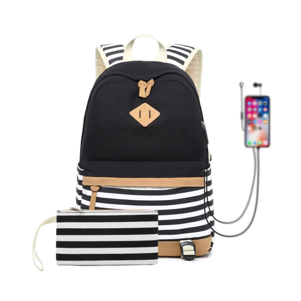 MOTOLIMO Canvas Backpack School Bags for Teenager Girls College Laptop Student Rucksack with Pencil case, Striped Casual Daypacks with USB Charging Port (Black-Strips)