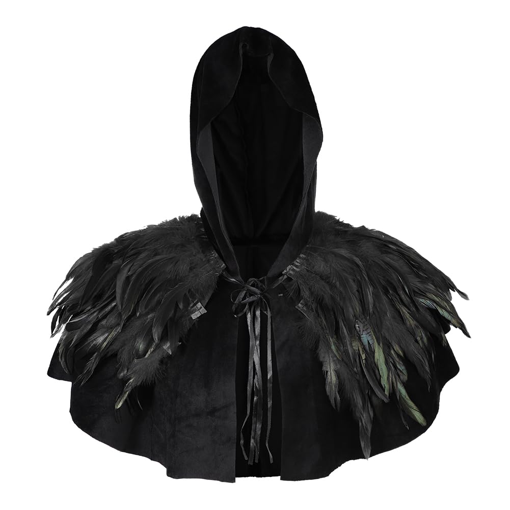 Medieval Cowl Hat with Feather Cape Halloween Hooded Hat Gothic Shawl Shrug Death Cloak Vintage Pagan Fancy Dress Witch Wizard Vampire Grim Reaper Monk Cape Halloween Cosplay Party Costume