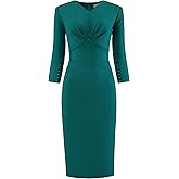 Hobemty Women's Knee Length Pencil Dress V Neck 3/4 Sleeve High Waist Wear to Work Sheath Dresses