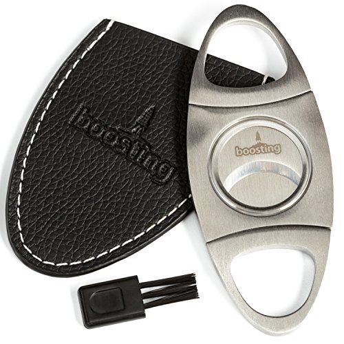 UPC 648609583021, Cigar Cutter Guillotine Set - Premium Stainless Steel Sharp Double Blade in Elegant Gift Box with Brush and Black Leather Case