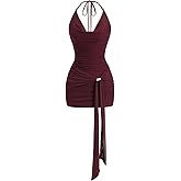 WDIRARA Women's Draped Halter Bodycon Dress Cowl Neck Sleeveless Ruched Tie Backless Party Mini Dresses