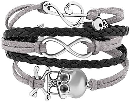LuckyJewelry Braided Black &amp; Grey Leather Wrap Sideways Infinity Skull Music Notess Wristband Bracelets