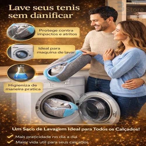 Bolsa para Lavar Tênis na Máquina Zíper Reforçado Proteção Interna Acolchoada Saco Reutilizável Protege Tênis e Lavadora