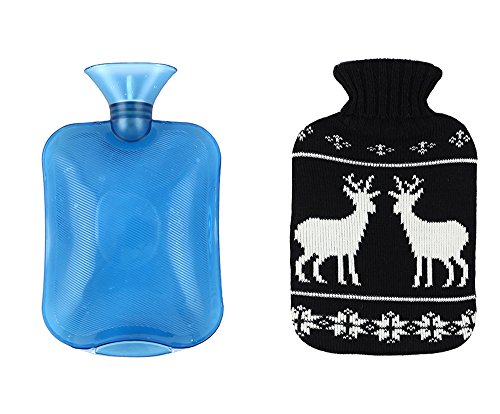Classic Transparent Rubber Hot Water Bottle with Deer Knit Cover - 2 L- Blue Bottle/Black Cover- by NIPOO