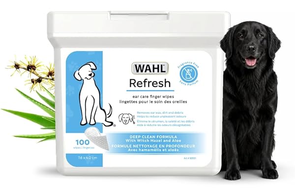 Wahl Refresh Ear Care Finger Wipes for Dogs – Soft Pearl Texture to Remove Ear Wax, Dirt & Odours, Fragrance‑Free Formula wit