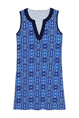 Lands' End Women's Cotton Jersey Sleeveless Swim Cover-up Dress Print Large Deep Sea/Galaxy Blue Mosaic