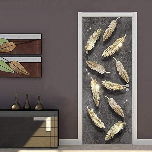 WEIFENGX 3D Door Stickers for Interior Doors Self-Adhesive vinyl mural golden feather Wall Art Sticker for Bedroom Living room Office Bathroom wallpaper 77 X 200 CM