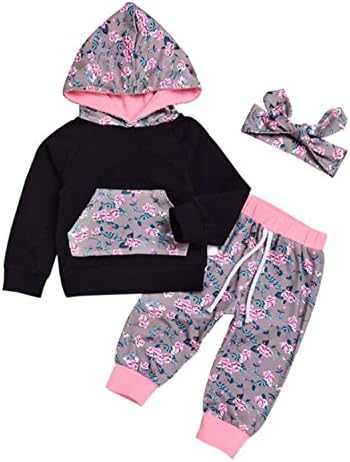 FIZUOXVE Baby Girls Spring Autumn Long Sleeve Flower Hooded T-Shirt and Pants 3pcs Clothes Set With Headband 18-24 Months