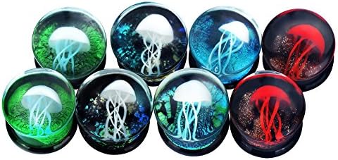 PHD LTD 2Pcs/6Pcs/8Pcs/10Pcs Ocean Jellyfish Glass Double Flared Ear Tunnels Plugs Stretcher Expander Kit Gauge 0g-5/8