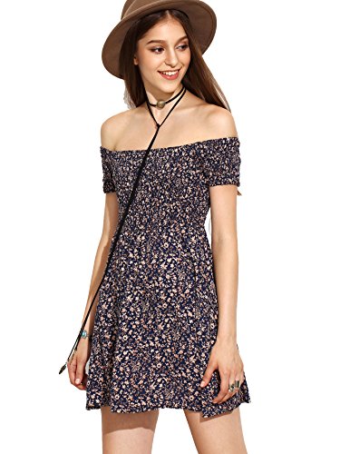 SheIn Women's Off The Shoulder Floral Print Short Sleeve Mini Dress - Navy Small