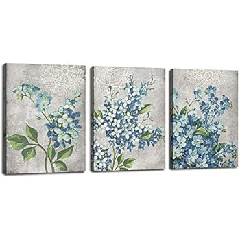 Canvas Wall Art Full Bloosm Flowers Painting Pictures Blue Florals Prints, Retro Grey 12