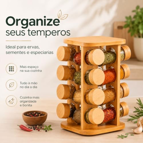 Porta Temperos Giratório 360° em Bambu com 16 Potes de Vidro 80ml, Base Quadrada – Organizador Premium para Cozinha
