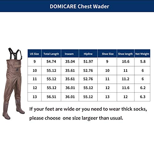 DOMICARE Chest Waders Waterproof Fishing Waders Breathable Hunting Waders 2-Ply Nylon/PVC Material Waders with Boot for Men and Women Brown Size 10