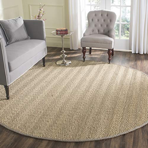 Safavieh Natural Fiber Collection NF115P Herringbone Natural and Grey Seagrass Round Area Rug (6' Diameter)