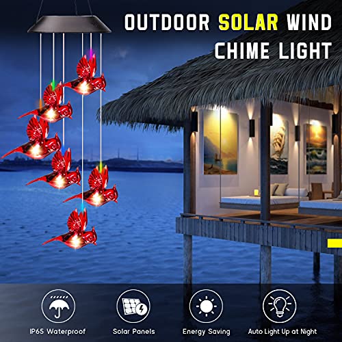 XIEYUZEUS Solar Wind Chimes Cardinal Bird,Solar Cardinal Red Bird Wind Chime Light, with 6 Vivid Hummingbirds Multicolor Led Light，Holidays, Courtyards, Decorations As Gifts