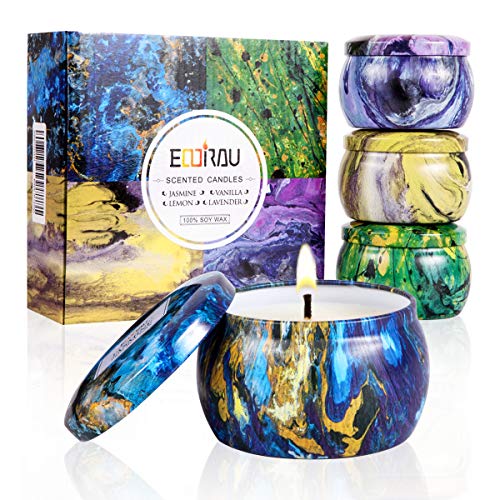 Scented Candles Gift Sets – 4.4Oz Natural Soy Wax,Vanilla Lemon Jasmine and Lavender Fragrance, Portable Travel Tin Perfect for Stress Relief and Women Aromatherapy, Set of 4