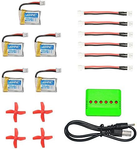 E010 Battery 5pcs 150mAh 3.7V Lipo Battery Bundle Pack with 6 in 1 Charger, Conversion Cables, Bonus 4 Propellers for JJRC H36 Eachine E010 Furibee F36 REALACC NH010 Quacopter drone