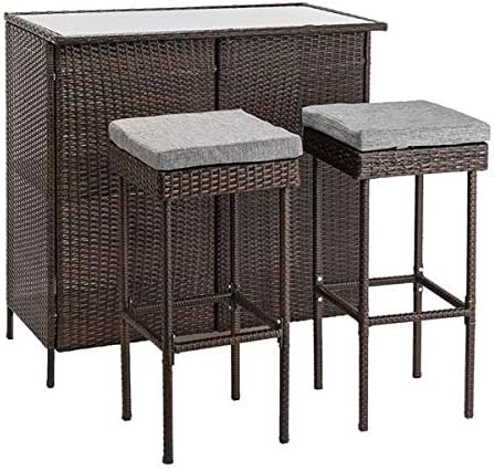 Miwaimao Outdoor Sofa,Outdoor 3-Piece Brown Wicker Bar Set Glass Bar And Two Stools With Cushions