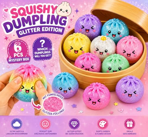 Posten Anker XXL Glitzer Squishy Dumpling Mystery Box 1 von 6 Sorten – Virale Squishy Steamed Buns 10 cm – Anti Stress Kawaii Mochi Squishies – Cute Mystery Korb Geschenkidee - Glitzer Füllung