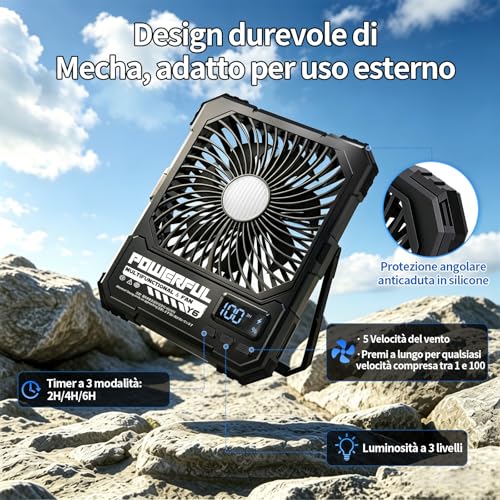 20000mAh Battery Powered Portable Camping Fan, 8 Inch Rechargeable Travel Fan, Up to 82 Hours Battery Life, Suitable for Bedroom, Outdoor
