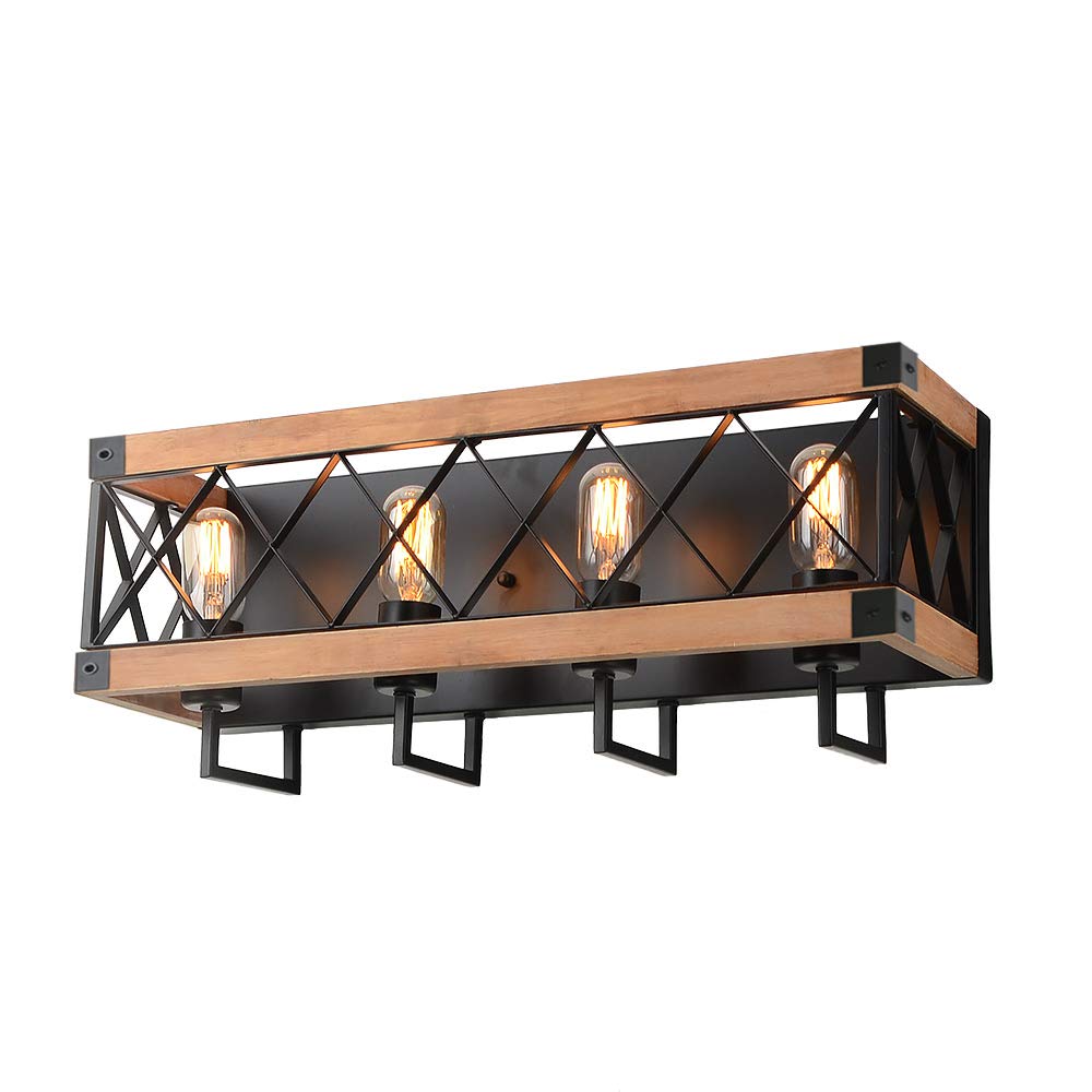 Eumyviv Rustic Wood Wall Lamp with Mesh Cage Industrial Wall Sconce, Retro Bathroom Lamp Log Cabin Home Vintage Edison Sconce Light Fixture 4-Lights, Brown (W0060)