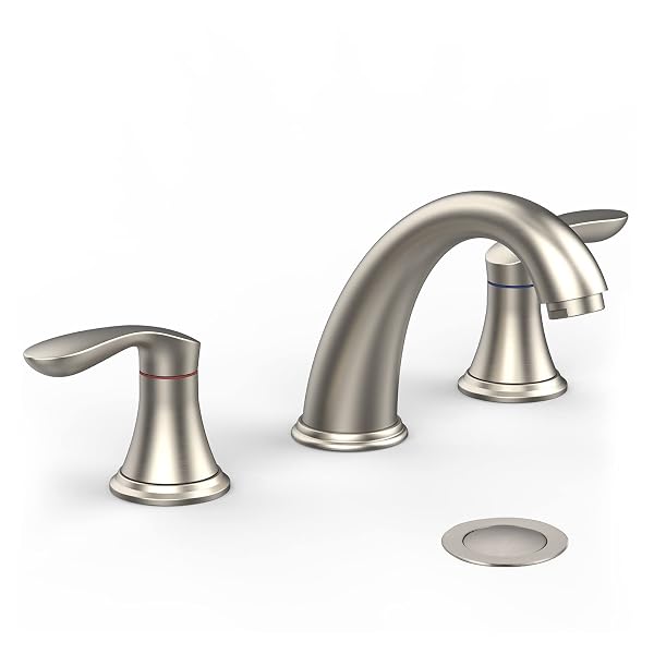 BATHROOM SINK FAUCET, FAUCET FOR BATHROOM SINK, WIDESPREAD BRUSHED NICKEL BATHROOM FAUCET 3 HOLE WITH STAINLESS STEEL POP UP DRAIN AND CUPC LEAD-FREE HOSE – (BRUSHED NICKEL)