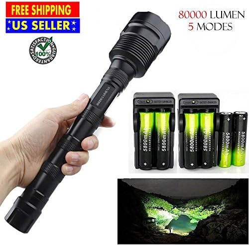 80000 LM Lumen LED Flashlight w/ 18650 Battery &amp; Charger | 5 Mode 3X XML-T6 Tactical Military Torch Portable Heavy Duty Outdoor Water Resistance Lighting for Emergency Hurricanes Storm Camping Hunting